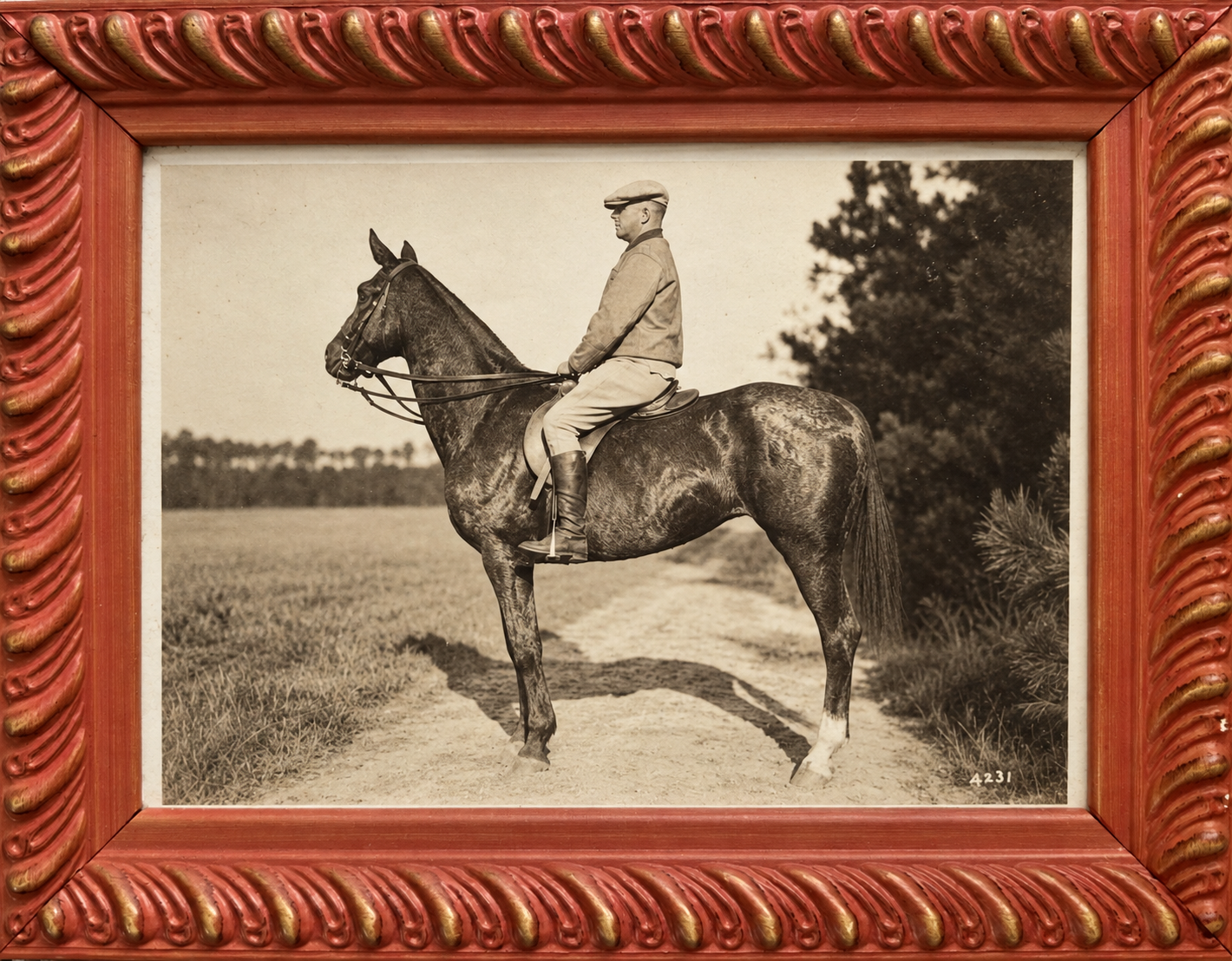 My grandfather Taylor C. Holtzclaw, in sepia portraiture on his favorite Thoroughbred, Lady.
