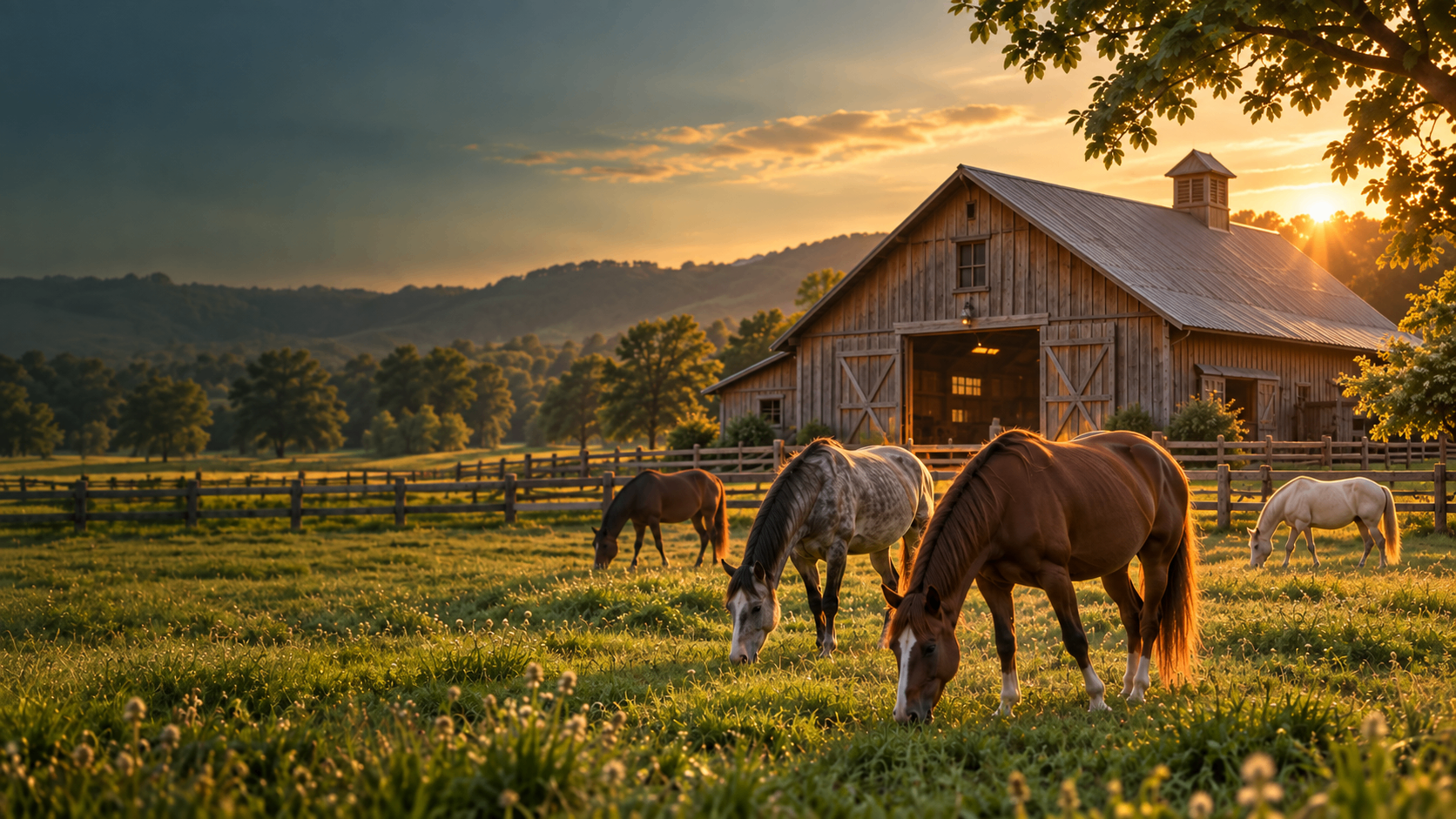 Horses grazing in a sunlit pasture in front of an open wooden barn