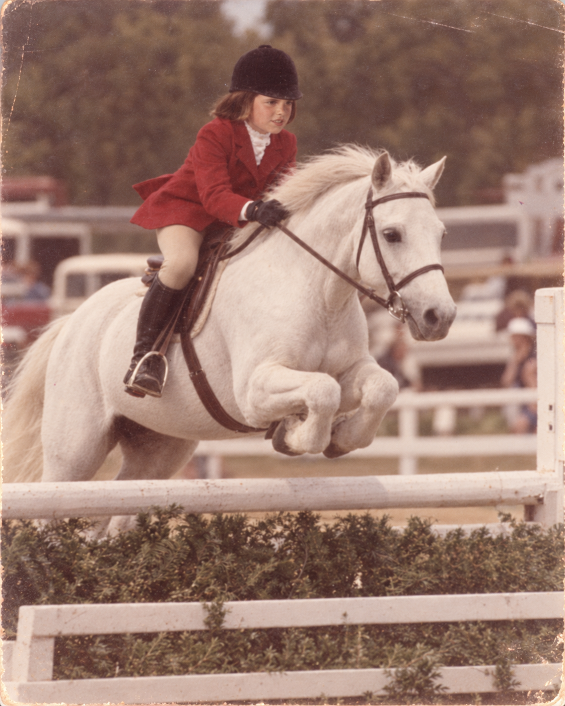 Recreated from my memories of riding Hunt Seat in the ring on Little Brother, my snow-white lesson pony.